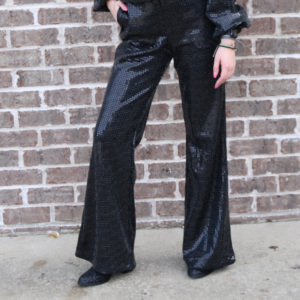 g.p.d. Disco Nights Mirrored‎ Sequin Holiday flared Pants with Side Zip